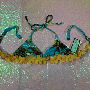 Letarte Blue Tropical Palm Tree Bikini Top With Flower Lei Band ★彡